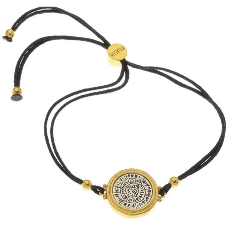 Womens two-tone bracelet on black silk cord WITH THE DISC OF PHAISTO made of 925 ° silver.
