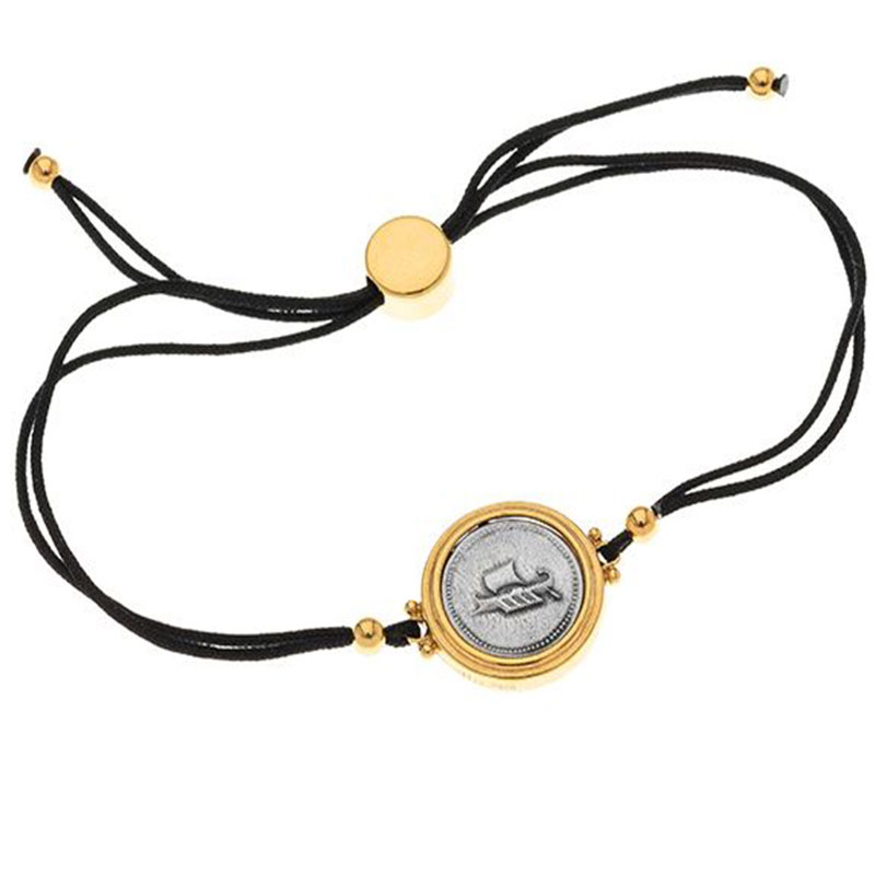 Womens two-tone bracelet on black silk cord WITH THE ANCIENT THREE-HOLE made of 925 ° silver.
