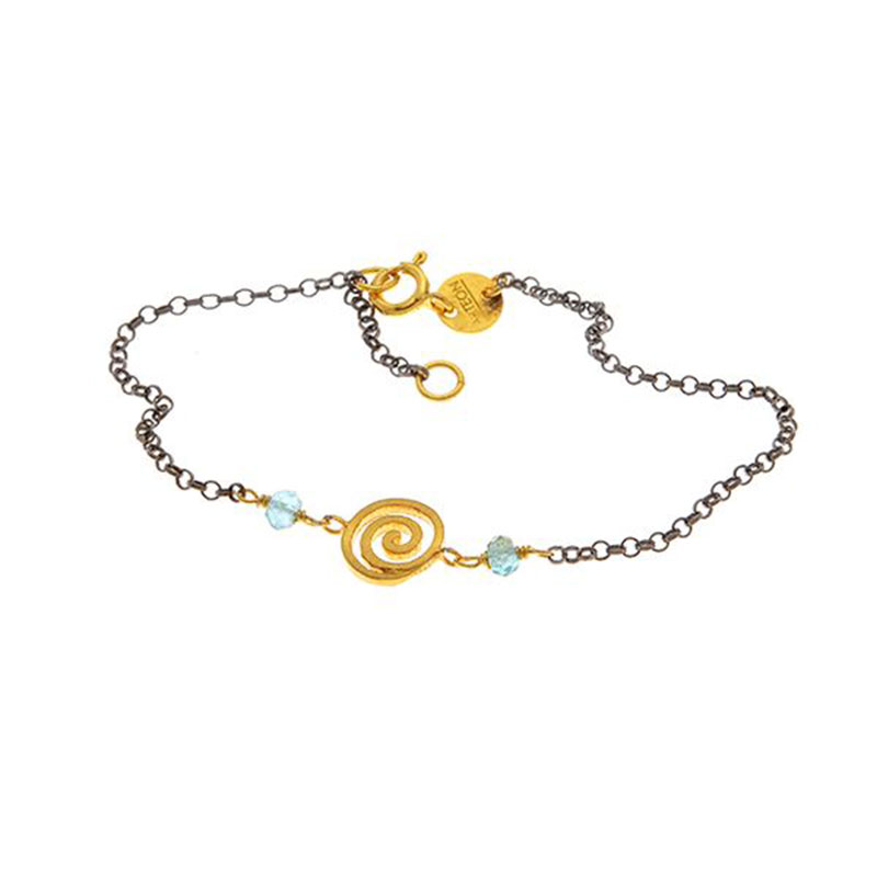 Womens silver two-tone bracelet with 925 ° Spiral with black platinum chain and yellow elements decorated with Aqua Marines.