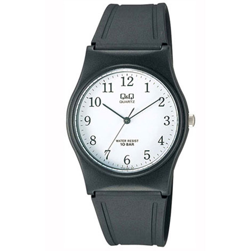 unisex Q&Q wristwatch with white dial and black rubber strap.