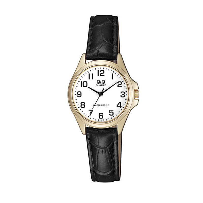 Womens Q&Q watch with white dial and black leather strap.