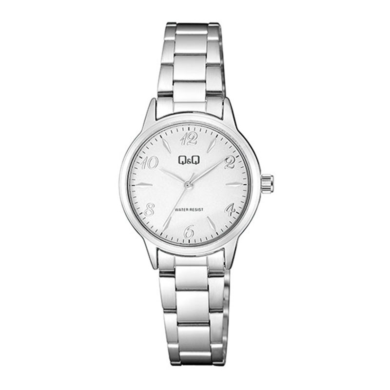 Womens Q&Q watch made of stainless steel with white dial and bracelet.