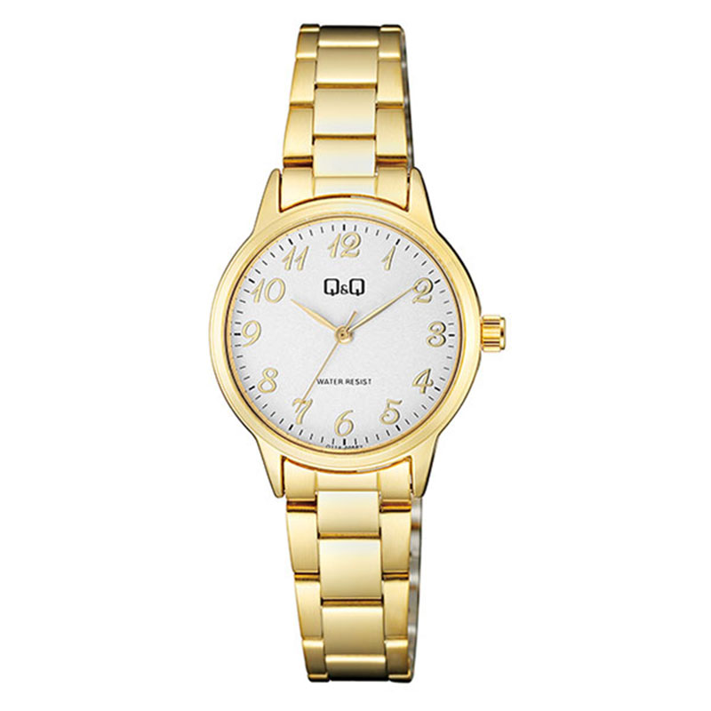 Womens Q&Q watch made of gold stainless steel with white dial and bracelet.