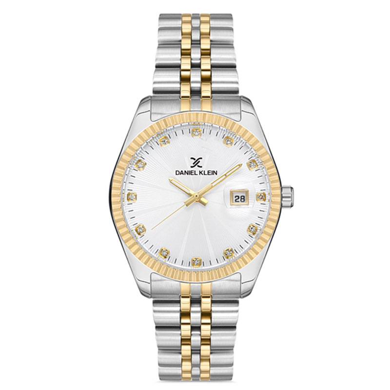 Womens DANIEL KLEIN wristwatch with silver dial, zircon stones and bracelet.