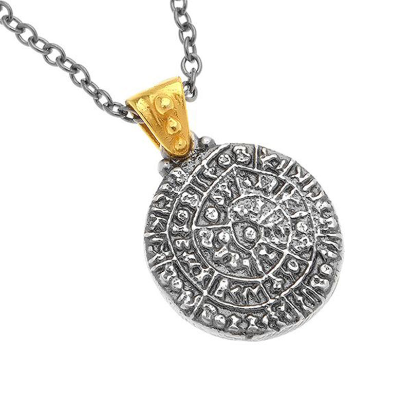 Handmade two-tone 925 ° silver pendant depicting the Phaistos disk with a gold-plated ring and a chain with black platinum.