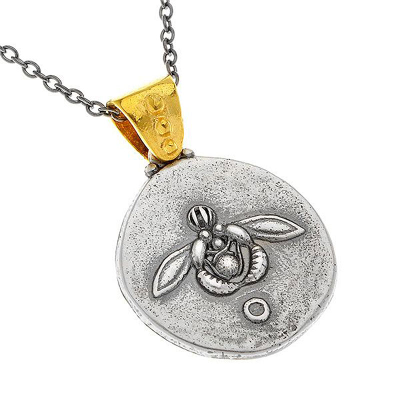Womens two-tone silver pendant with chain from black platinum 925 ° in illustration THE CRETAN BEE.