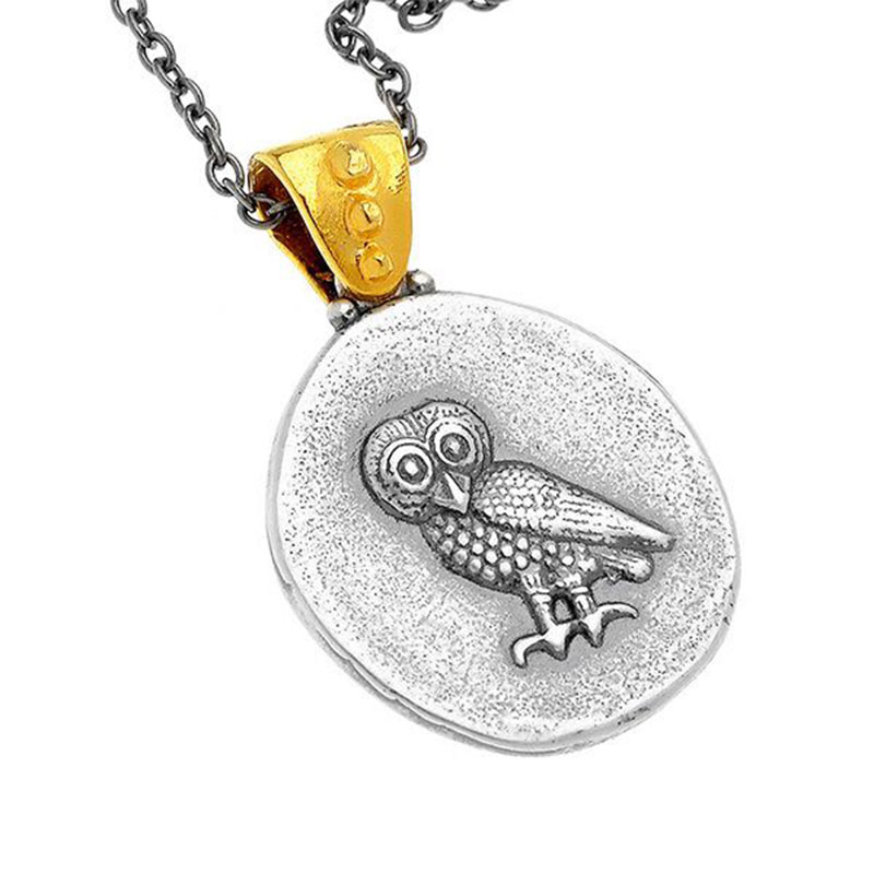 Womens two-tone silver pendant with chain from black platinum 925 ° in illustration WITH THE ANCIENT OWL.