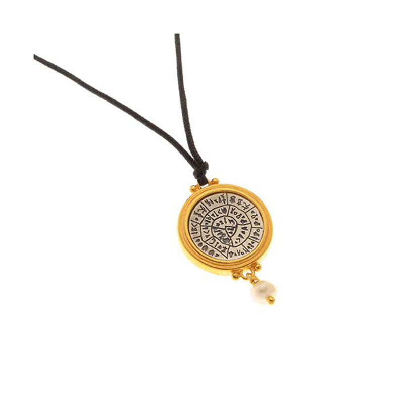 Womens two-tone pendant on silk black cord WITH THE DISC OF PHAISTO made of 925 ° silver.