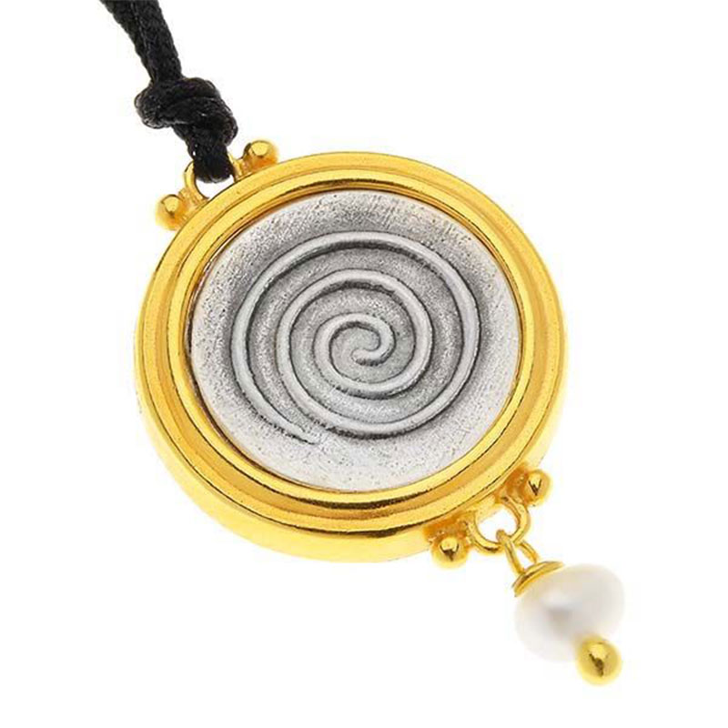Womens two-tone pendant on a black silk cord WITH THE COIL made of 925 ° silver.