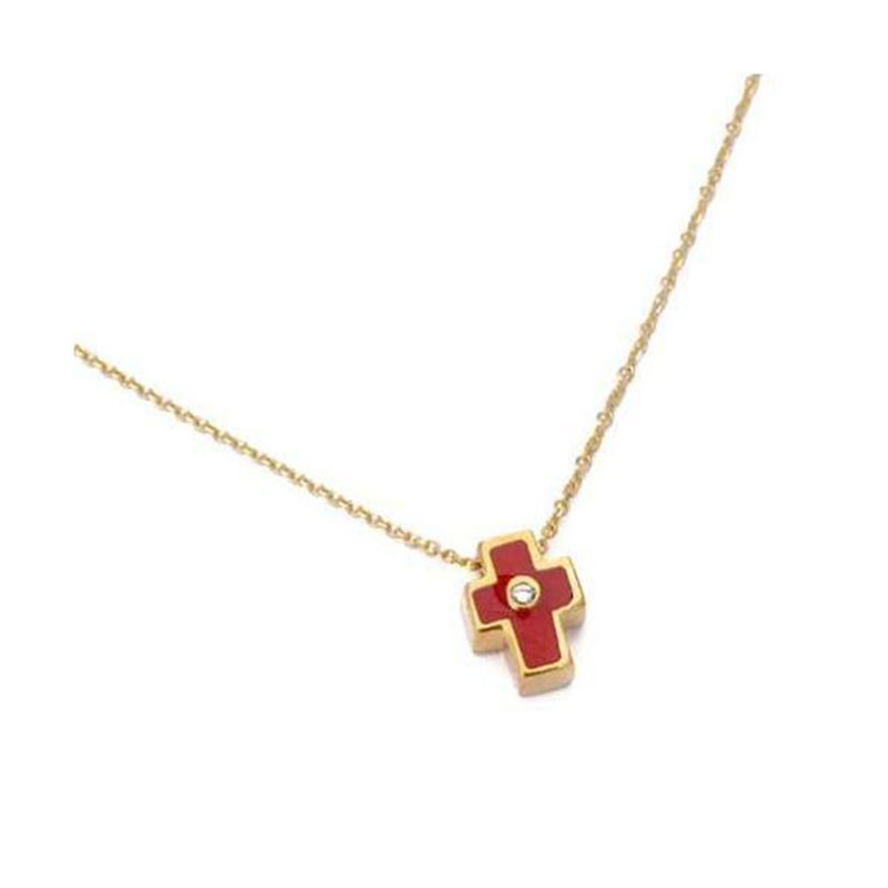 Womens 925 ° silver gold plated cross decorated with red enamel and white zircon.