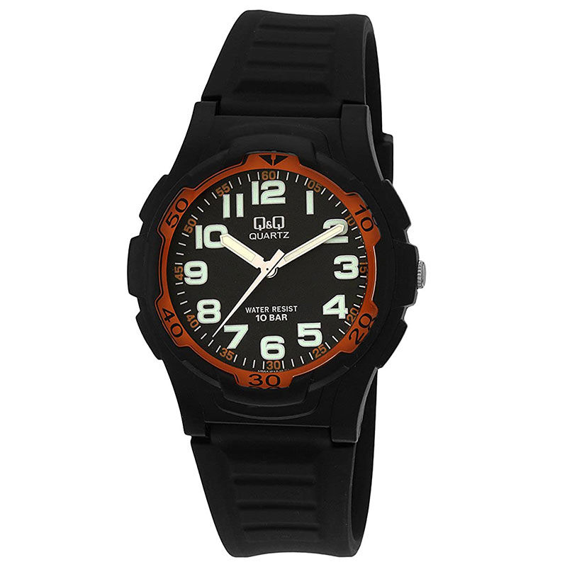 Childrens-teenager Q&Q watch with black dial and black rubber strap.