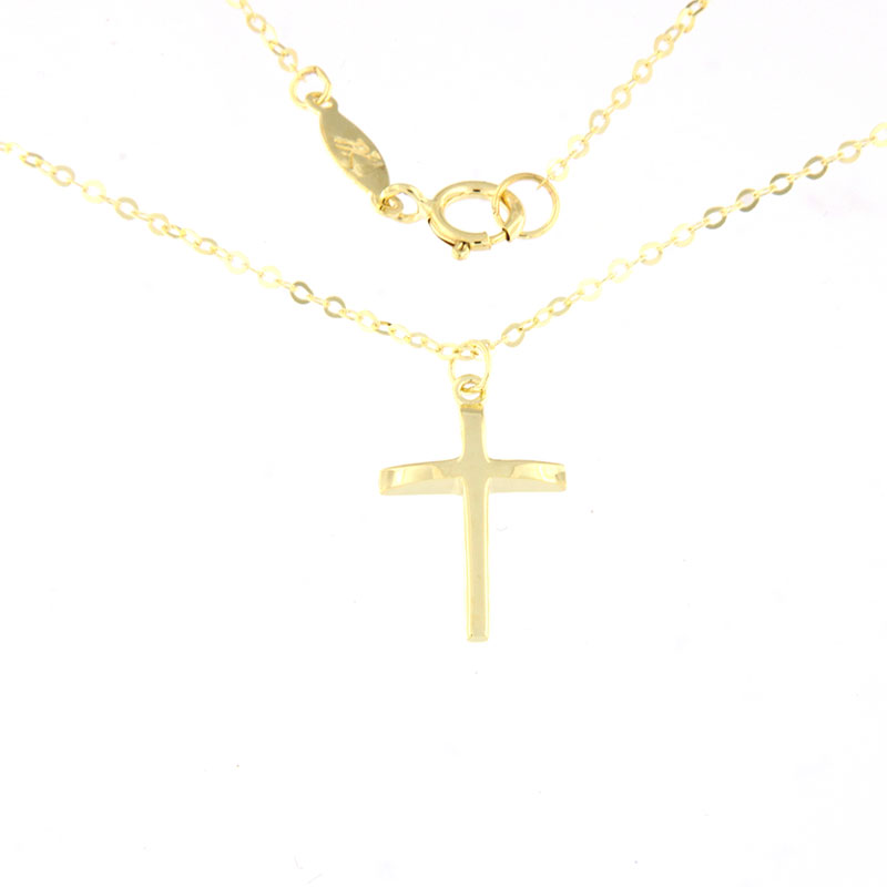 Womens small yellow gold cross with K9 chain with polished surfaces.