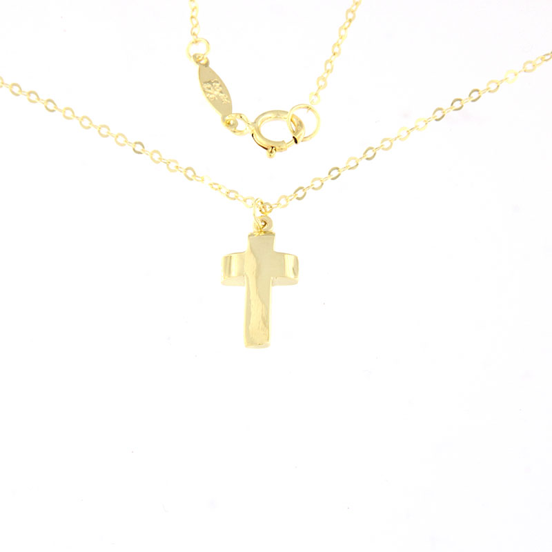 Womens small yellow gold cross with K9 chain with polished surfaces.