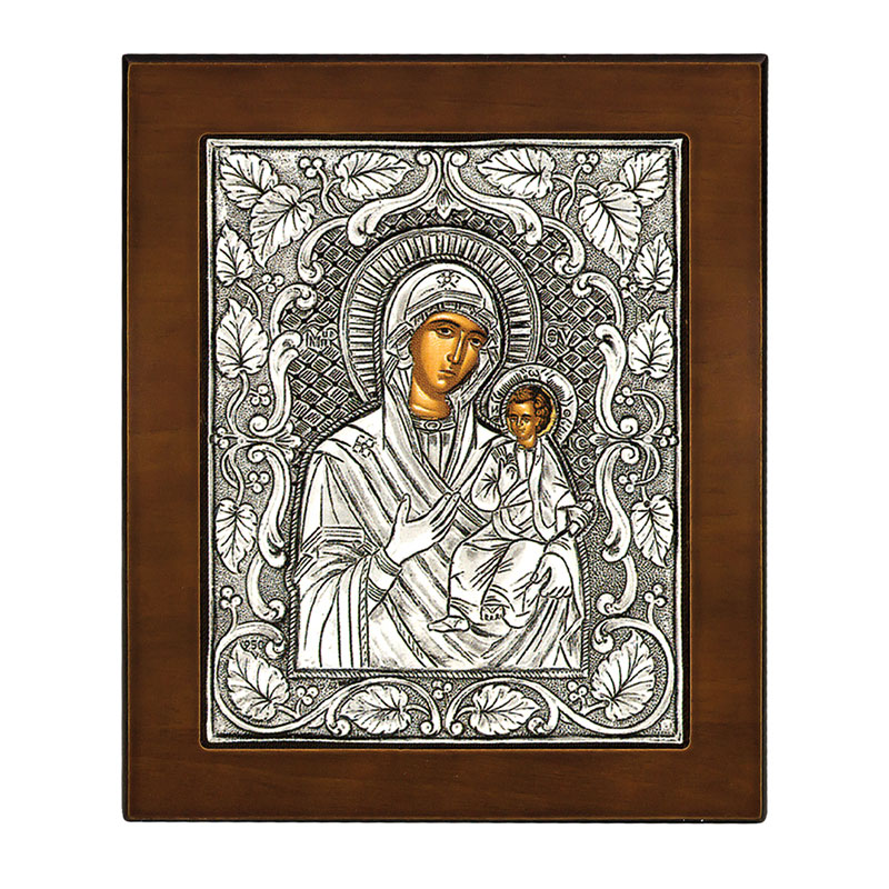 Immaculate Virgin Mary image plated with 925° silver and brown wood 17x14.