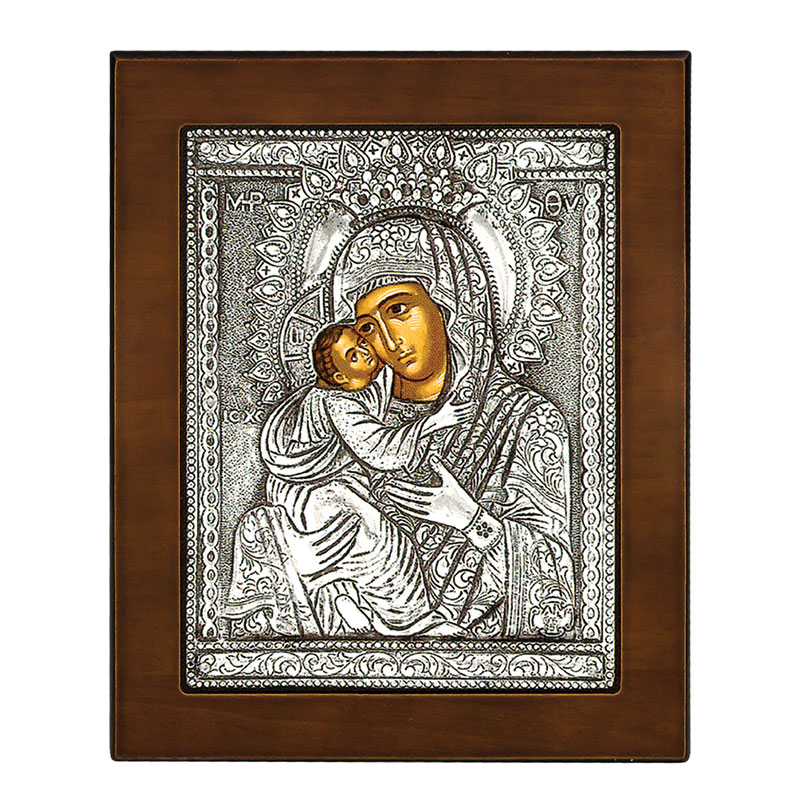 BYZANTINE VIRGIN GLYCOPHILUS image plated with 925° silver and brown wood 17x14.