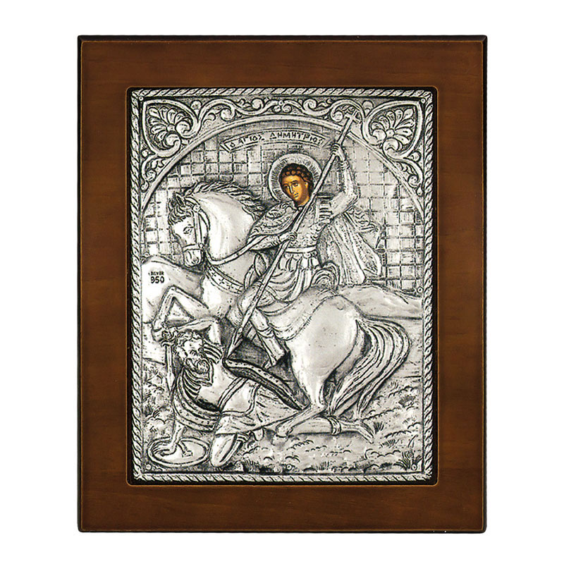 Saint Dimitrios icon plated with 925 silver and brown wood 17x14.