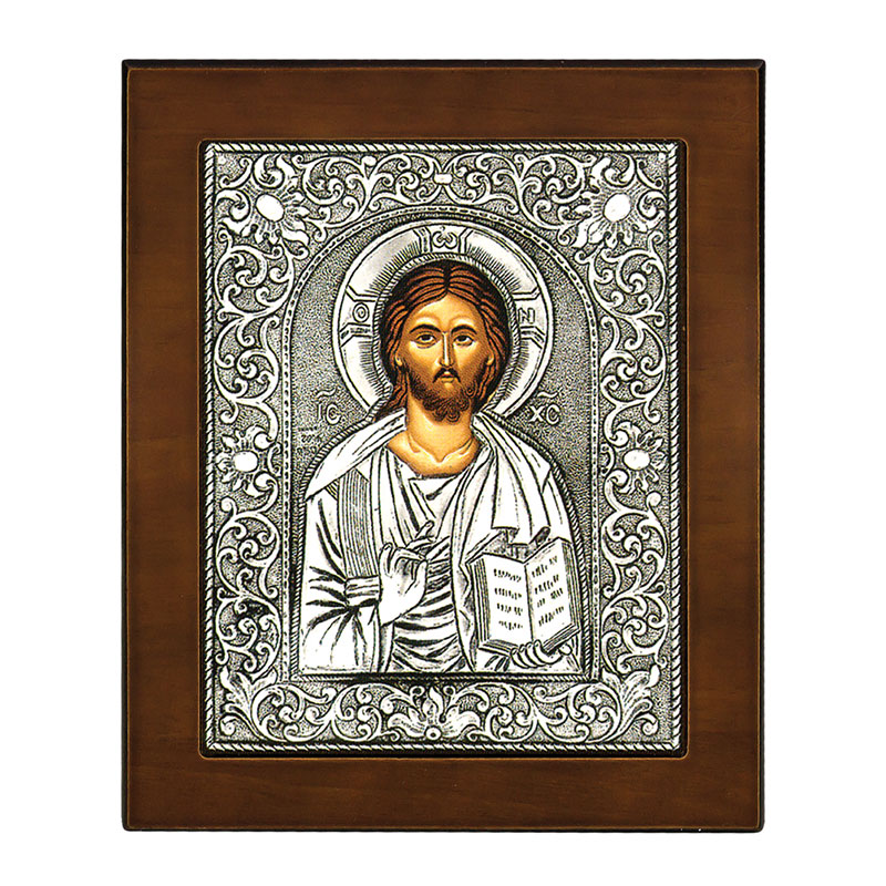 CHRIST image plated with 925° silver and brown wood 23x17.
