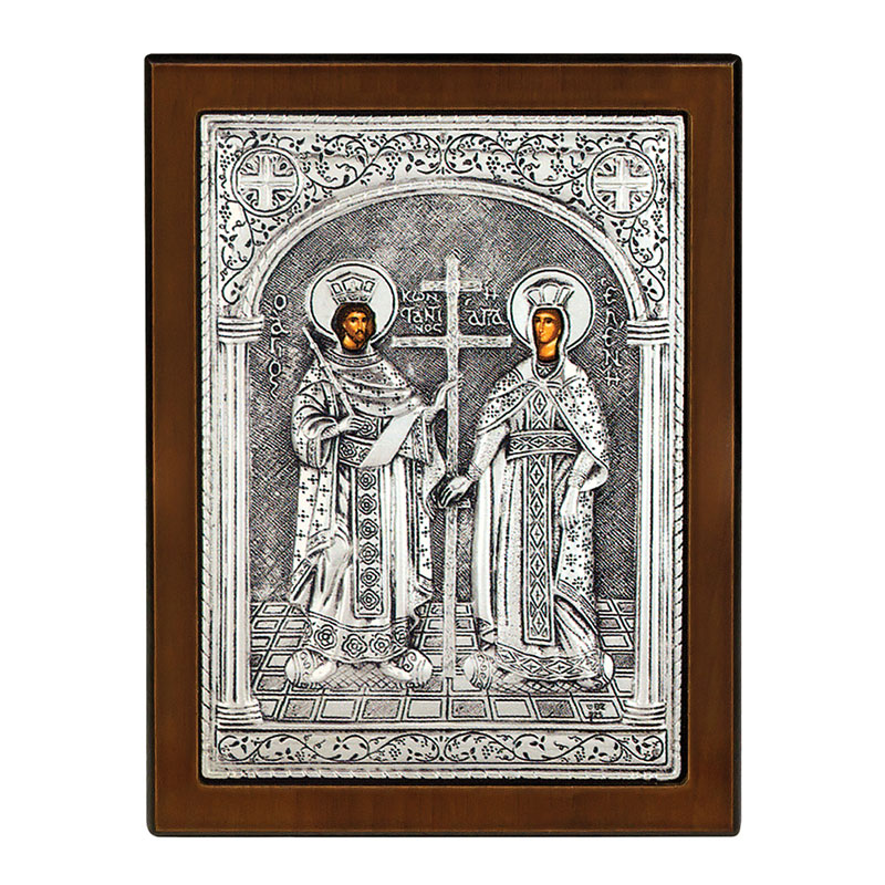 Icon of SAINTS CONSTANTINE AND HELEN coated with 925° silver and brown wood 23x17.