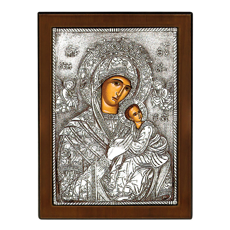 Image PANAGIA AMOLYNTOS plated with silver 925° and brown wood 23x17.