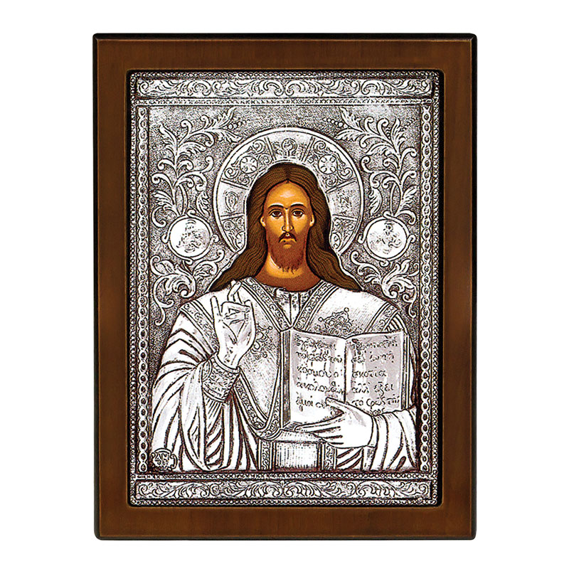 Picture CHRIST OPEN BOOK plated with silver 925° and brown wood 23x17.