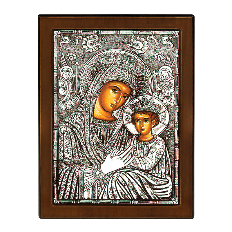 Our Lady of Rebirth Angels image plated with 925° silver and brown wood 23x17.