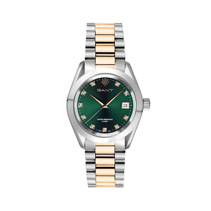 Gant womens watch in stainless steel with green dial, zircon stones and two-tone bracelet.