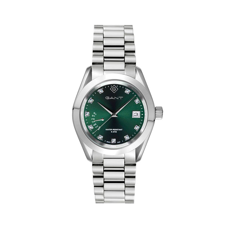 Gant womens watch in stainless steel with green dial, zircon stones and silver bracelet.
