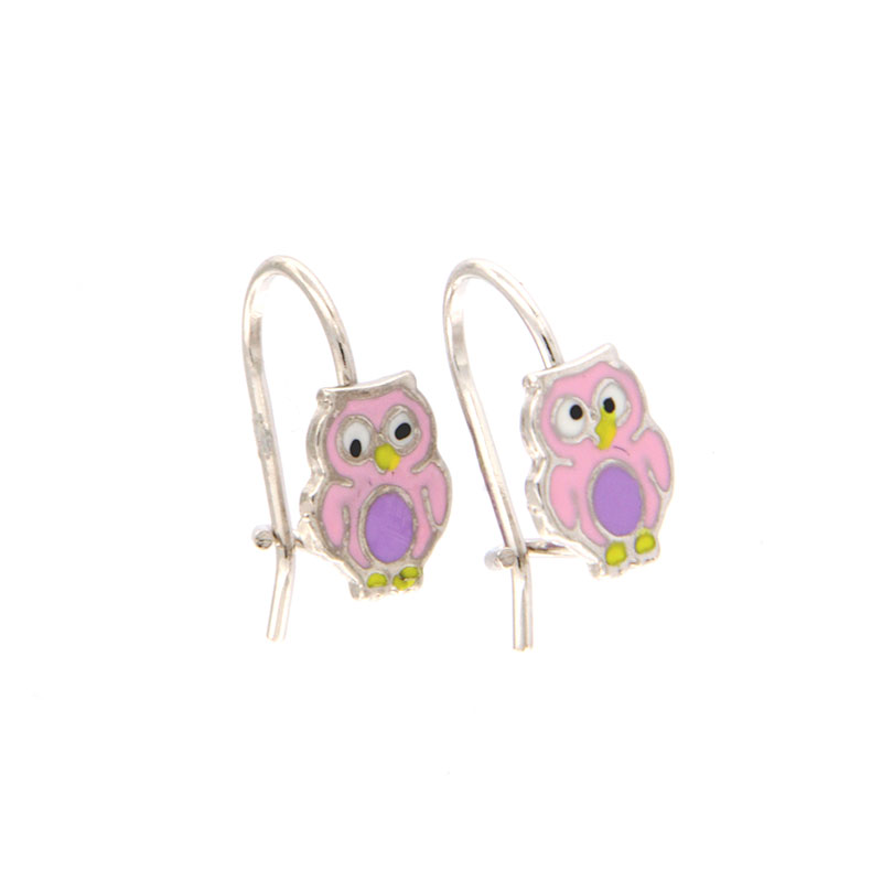 Childrens 925° sterling silver earrings in the shape of an owl decorated with enamel.