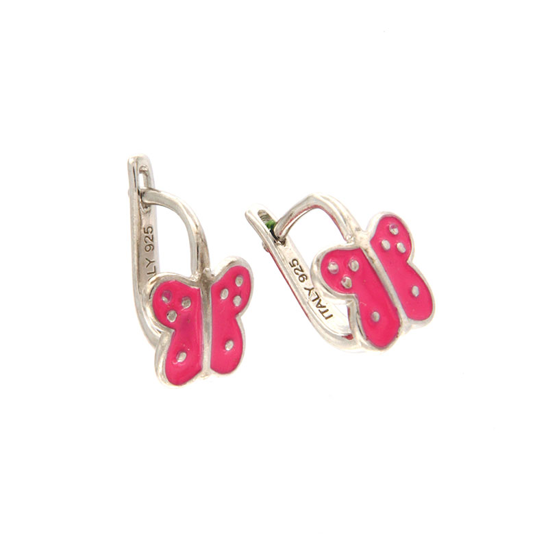 Childrens 925° sterling silver earrings in the shape of a Butterfly decorated with enamel.