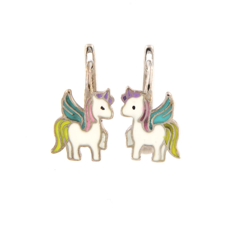 Childrens 925° sterling silver earrings in the shape of a Unicorn decorated with enamel.