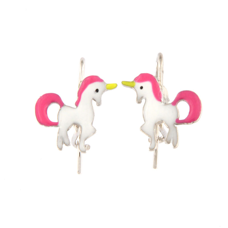 Childrens 925° sterling silver earrings in the shape of a Unicorn decorated with enamel.
