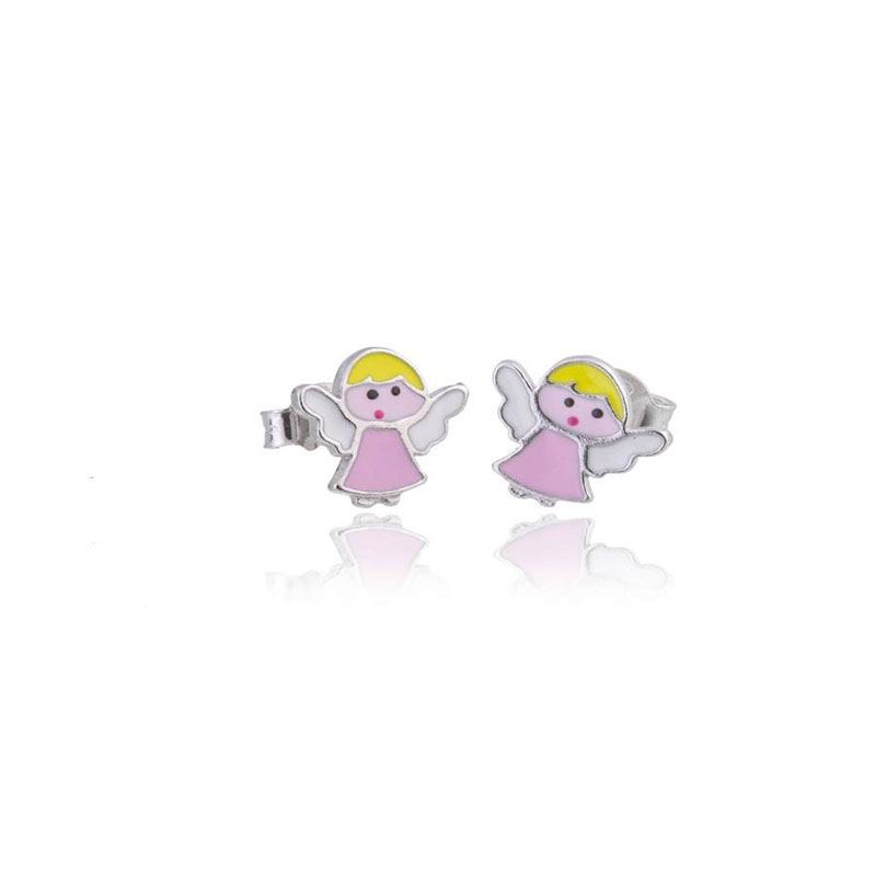 Childrens 925° silver earrings in the shape of an Angel decorated with enamel.