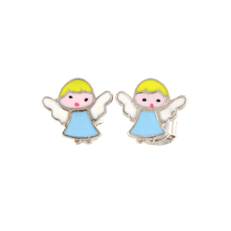 Childrens 925° silver earrings in the shape of an Angel decorated with enamel.