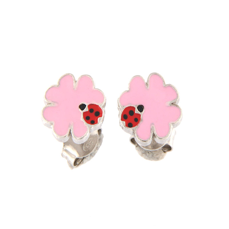 Childrens 925° silver earrings in the shape of a Flower with a Daisy decorated with enamel.