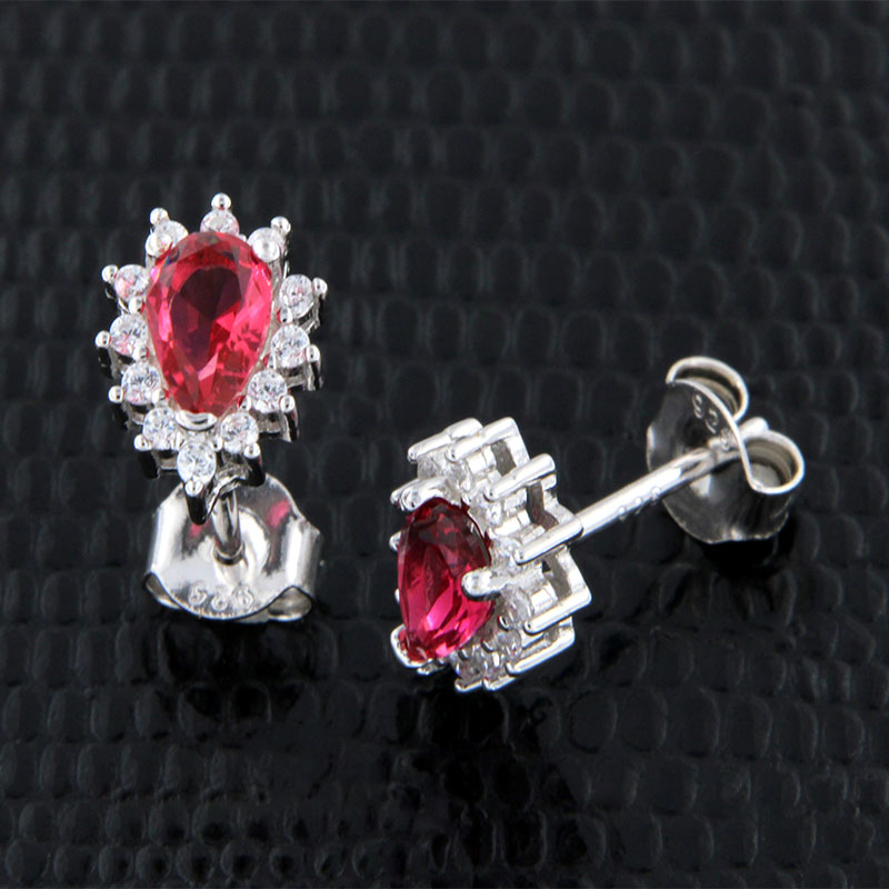 Womens studded earrings Rosette teardrop 925 decorated with red and white zircons.