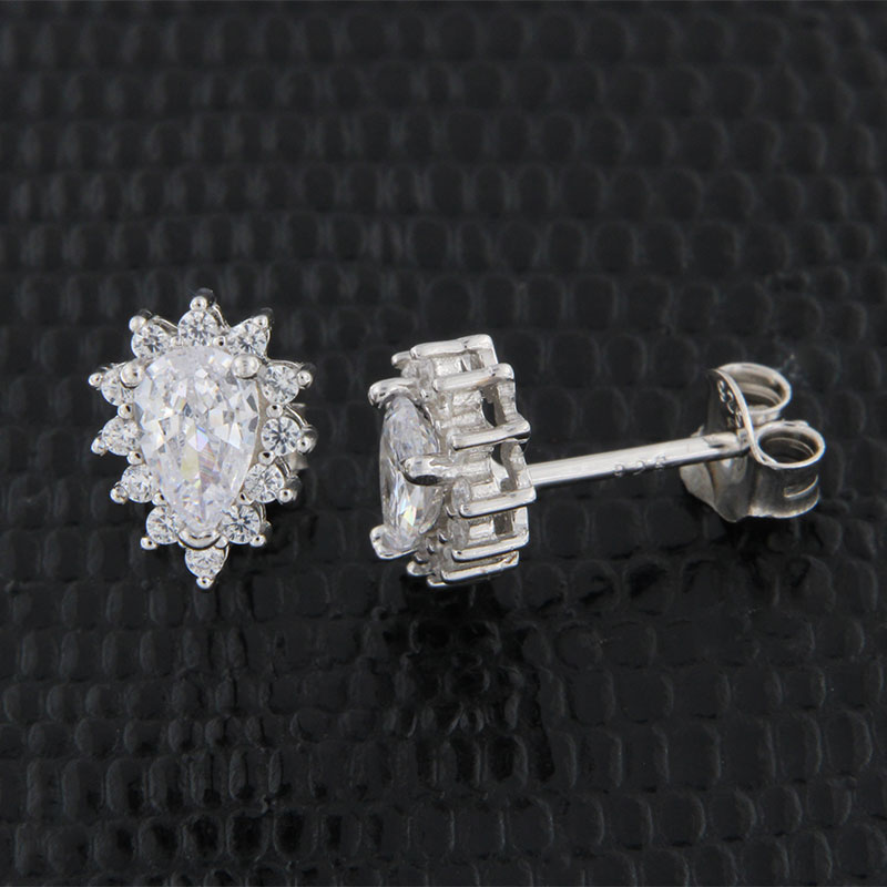 Womens studded earrings Rosette teardrop 925 decorated with white zircons.