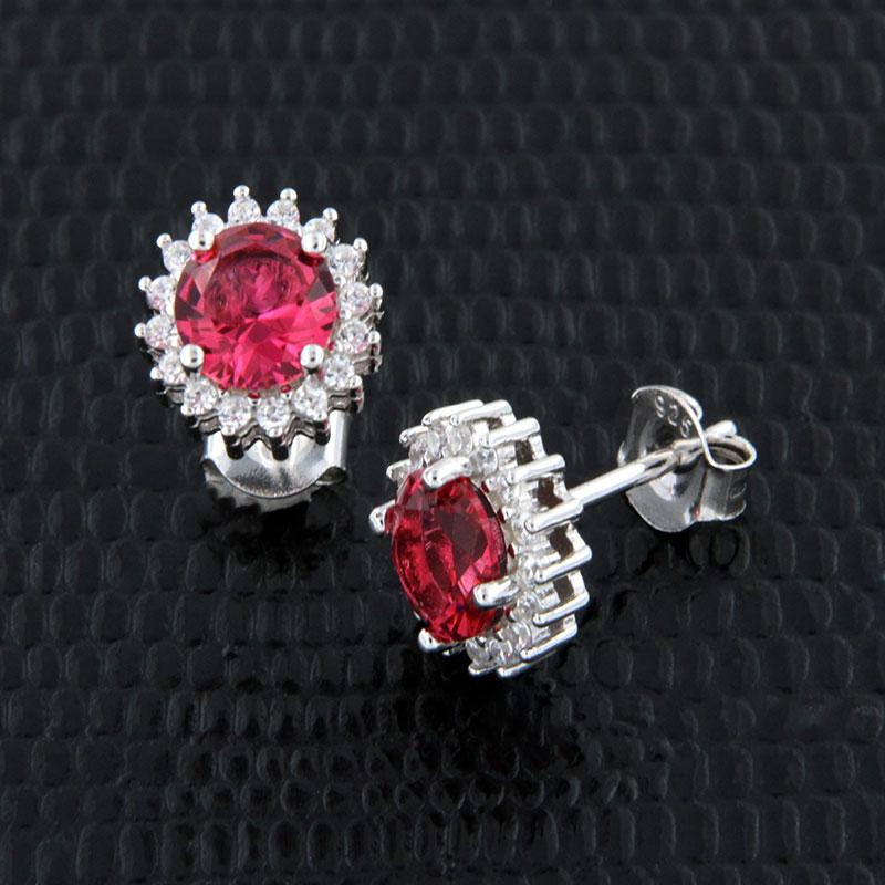 Womens studded earrings round Rosette 925 decorated with red and white zircons.