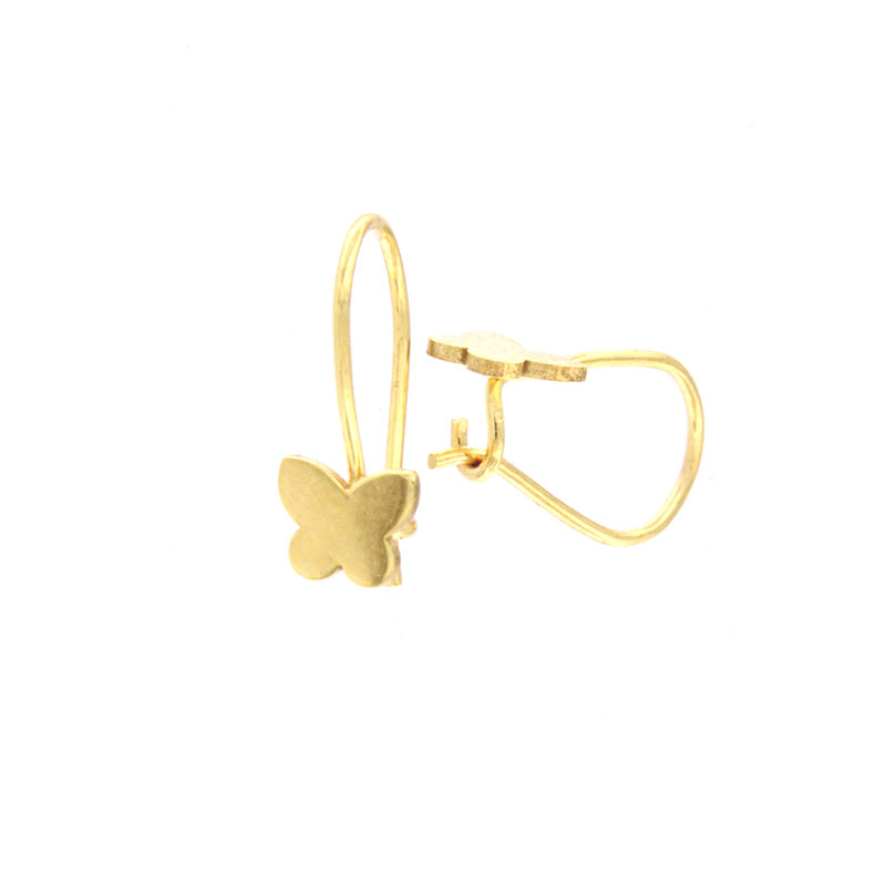 Childrens handmade K9 gold earrings in the shape of a Butterfly with a polished surface.
