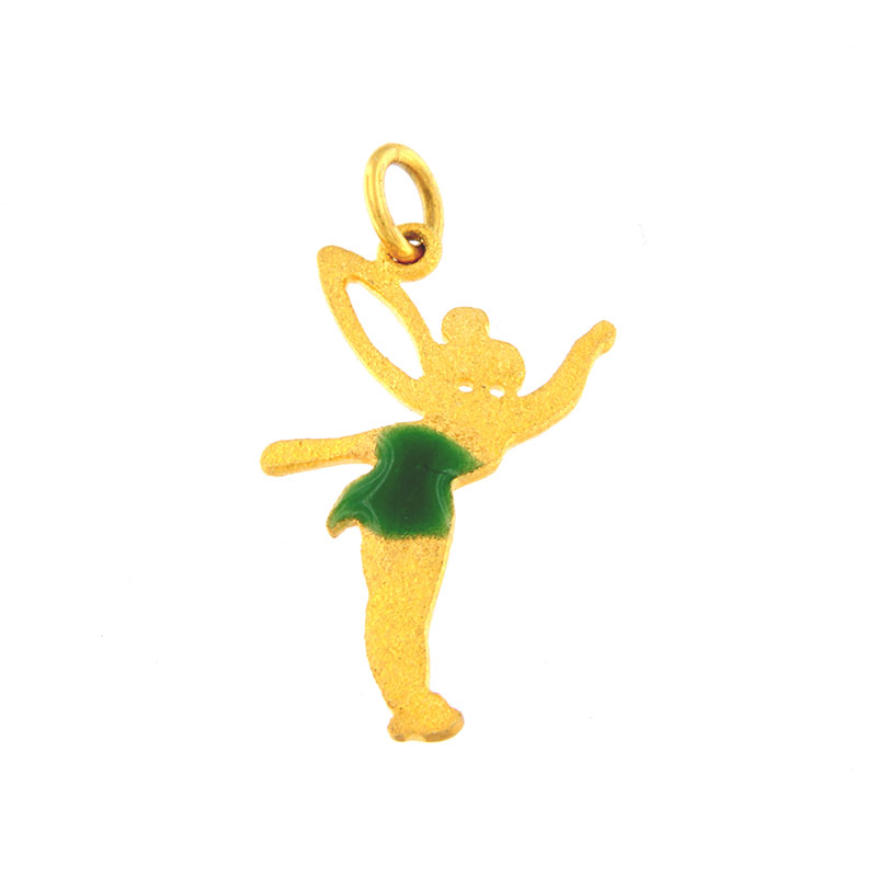 Childrens gold handmade Tinkerbell pendant with special sandblasting treatment and K9 enamel.