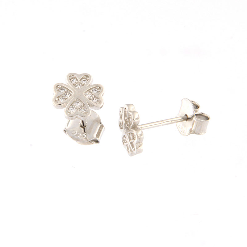 Childrens silver 925° earrings in the shape of a four-leaf clover decorated with white zircons.