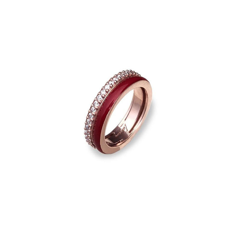  Δαχτυλίδι από ασήμι 925%, ροζ επιχρυσωμένο 22 καρατίων, κόκκινο σμάλτο και στρογγυλά ζιργκόν.