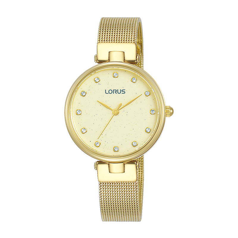 Womens LORUS gold stainless steel watch with beige dial and bracelet.