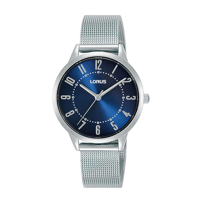 Womens LORUS silver stainless steel watch with blue dial and bracelet.