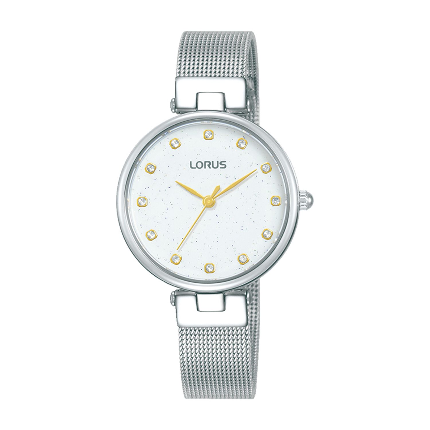 Womens watch LORUS in silver stainless steel with white dial and bracelet.