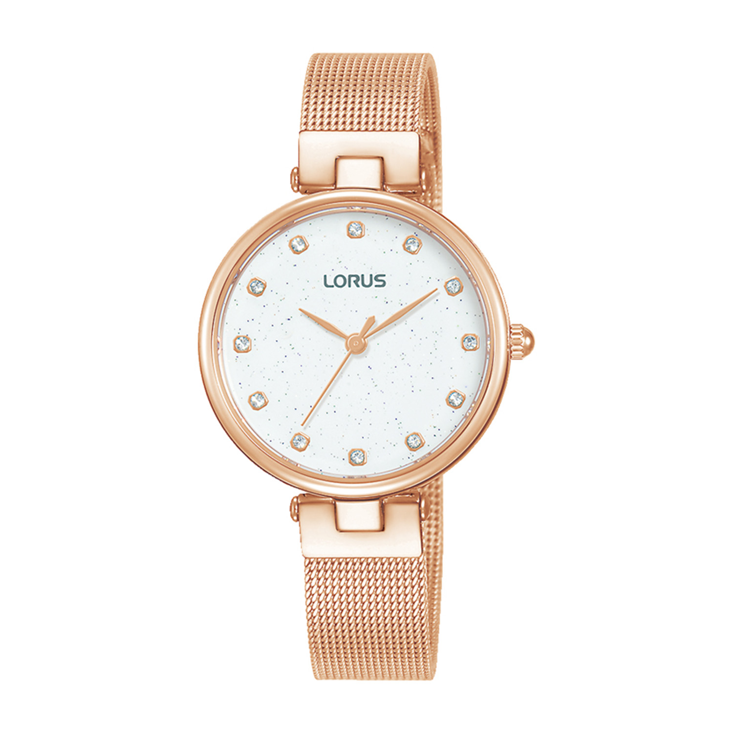 Womens LORUS pink stainless steel watch with white dial and bracelet.