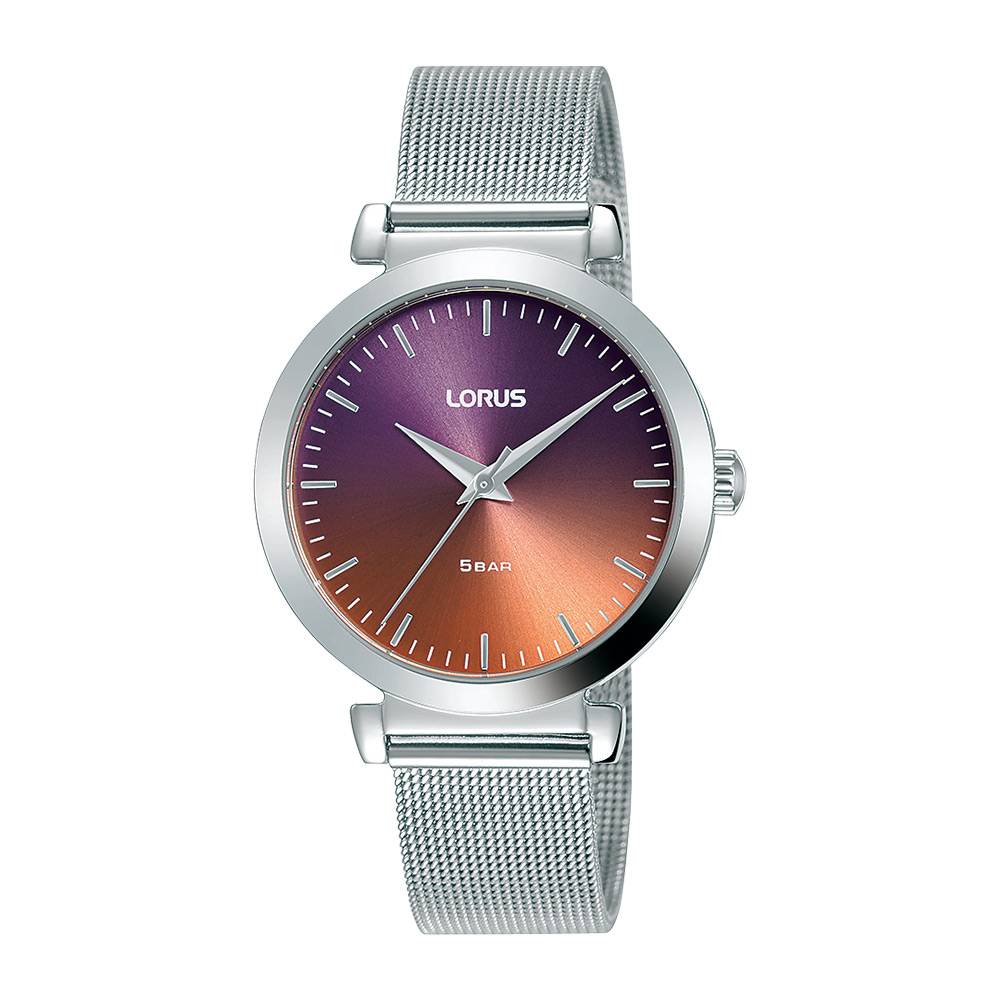 Womens LORUS silver stainless steel watch with orange, purple dial and bracelet.