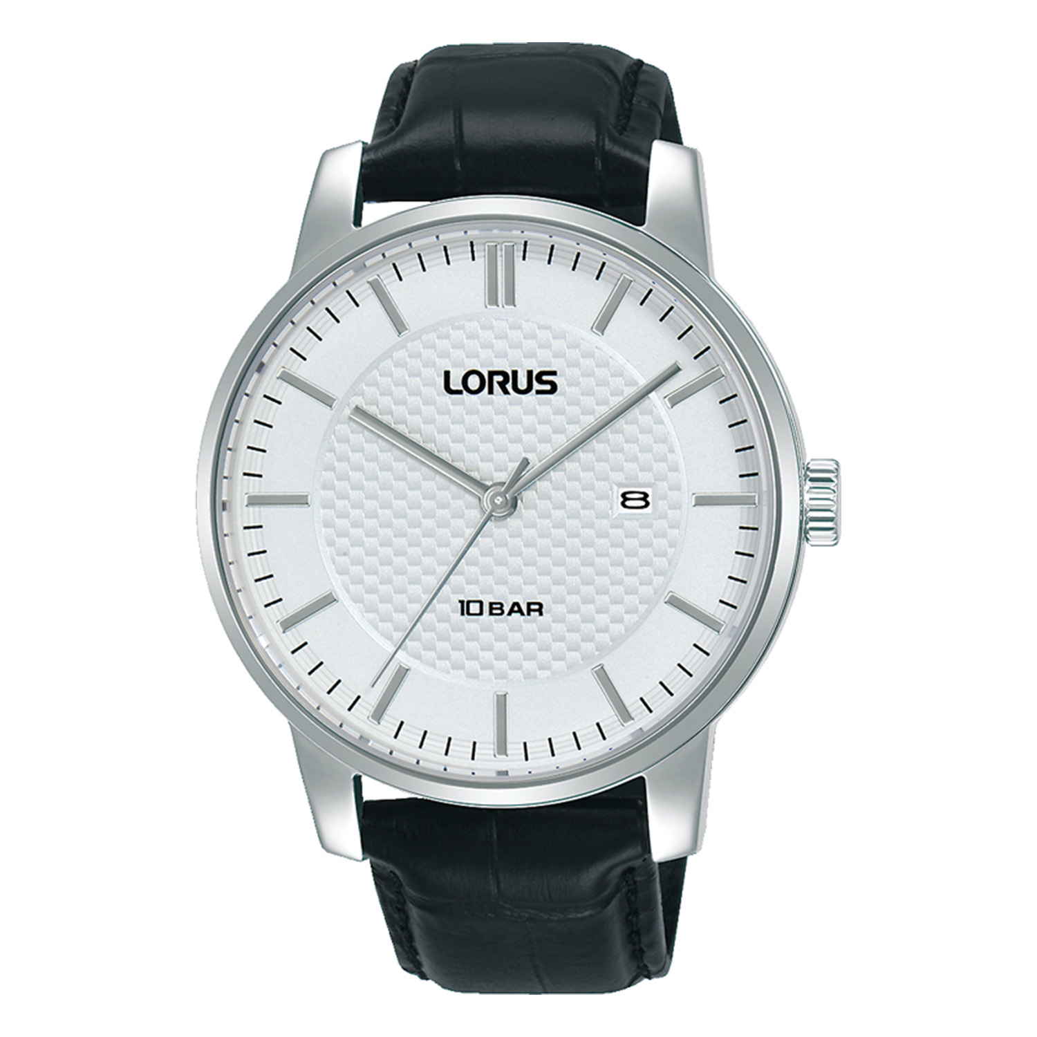Ανδρικό ρολόι Lorus με λευκό καντράν και μαύρο δερμάτινο λουράκι.