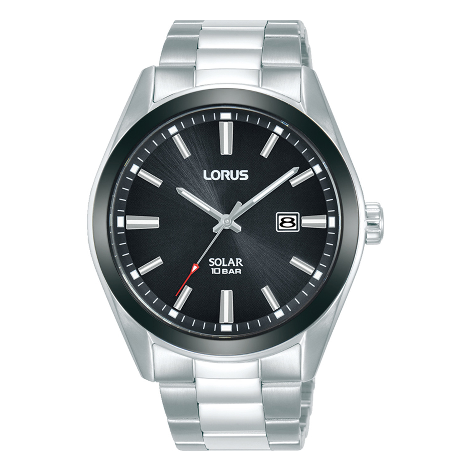 Ανδρικό ρολόι Lorus Solar από ανοξείδωτο ατσάλι με μαύρο καντράν και ασημί μπρασελέ.