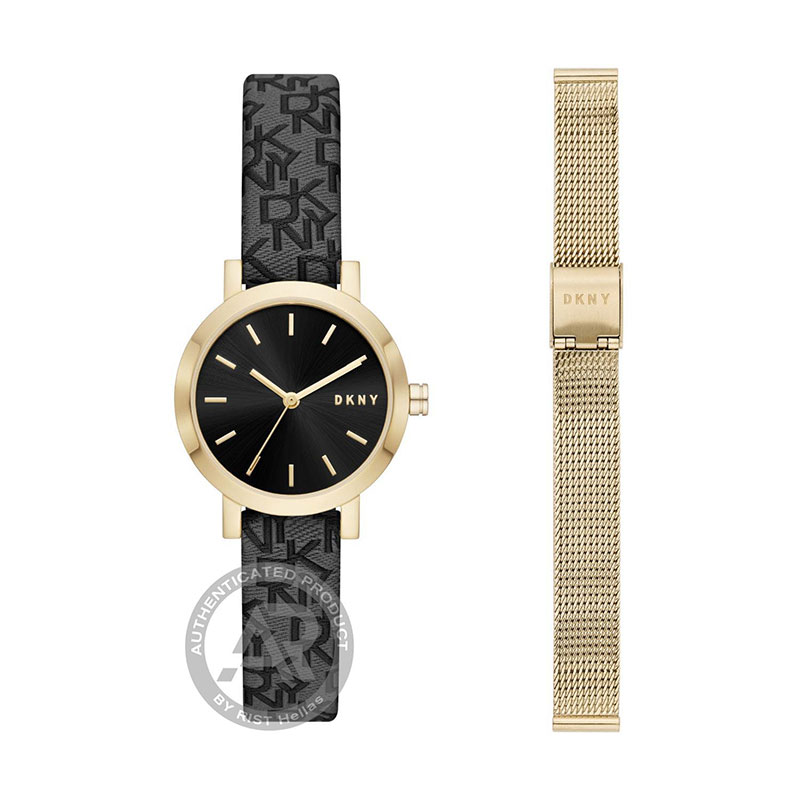 DKNY SOHO SET womens watch with black dial and fabric strap with gold bracelet gift.