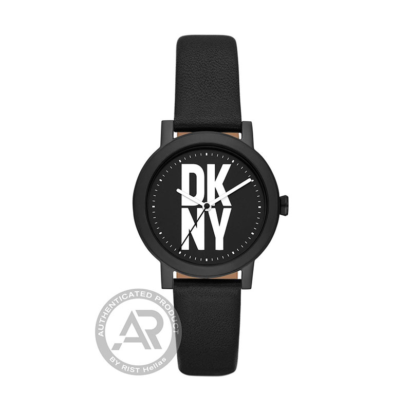 DKNY Soho womens black stainless steel watch with black dial and leather strap.